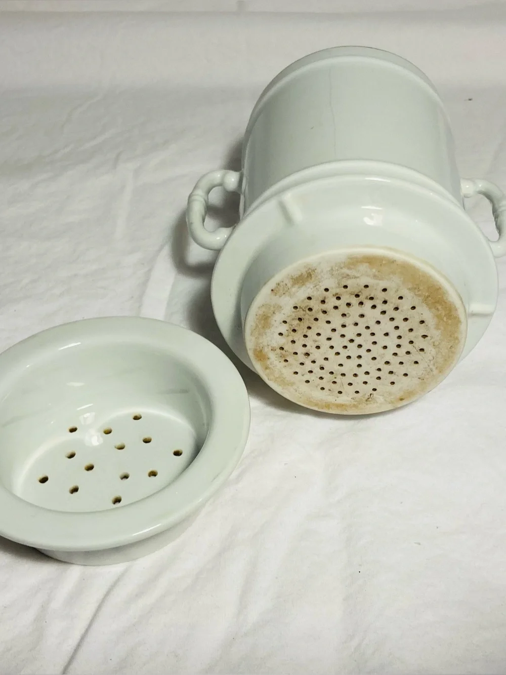 Vintage porcelain coffee/tea drip strainer with large two handle mug/cup